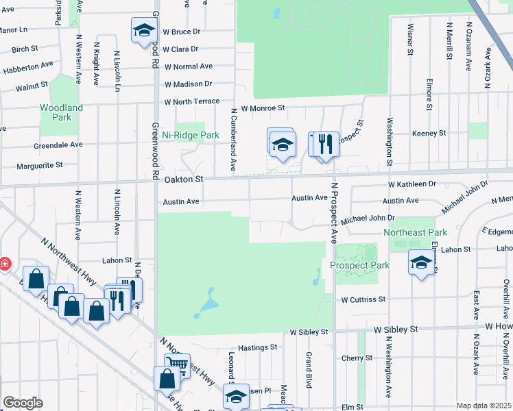 map of restaurants, bars, coffee shops, grocery stores, and more near 716 Edgemont Lane in Park Ridge