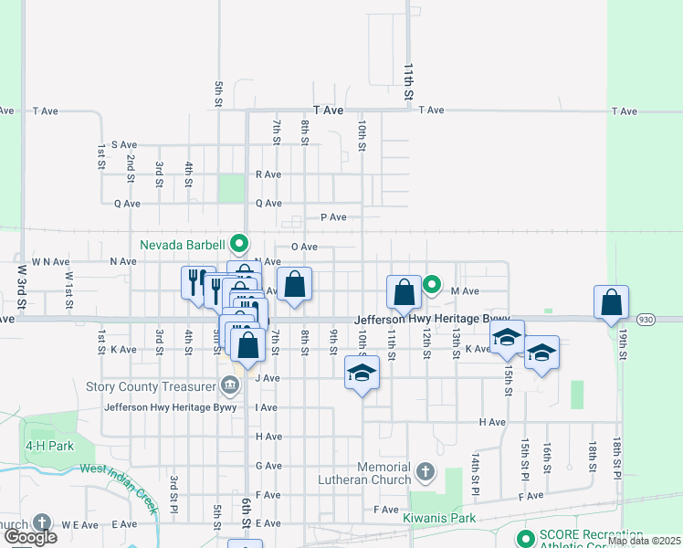 map of restaurants, bars, coffee shops, grocery stores, and more near 1306 9th Street in Nevada