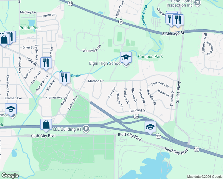 map of restaurants, bars, coffee shops, grocery stores, and more near 638 Dover Drive in Elgin