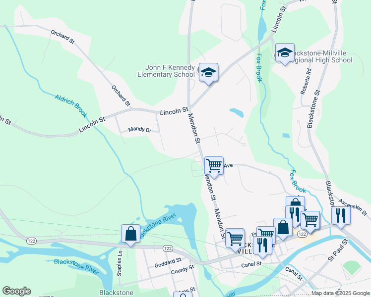map of restaurants, bars, coffee shops, grocery stores, and more near 91 Mendon Street in Blackstone