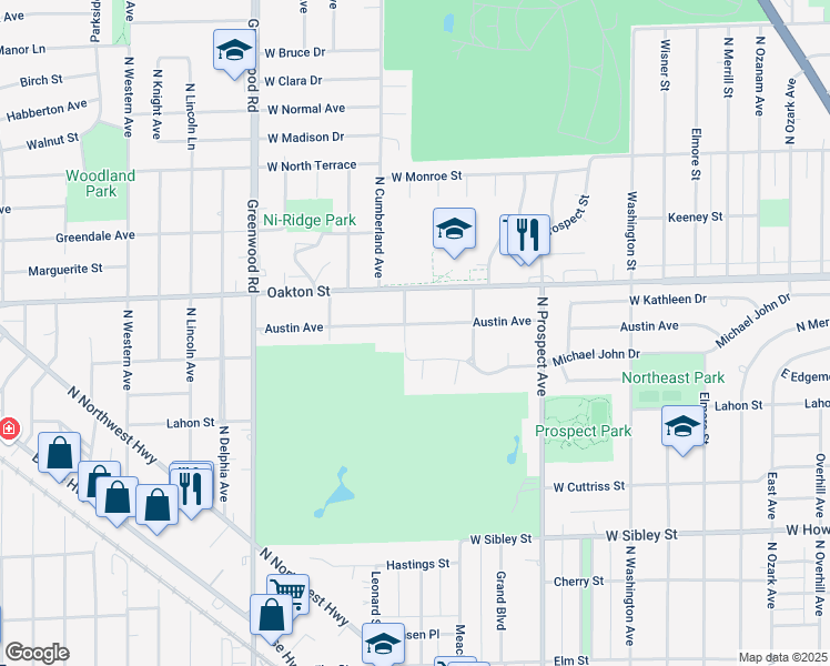 map of restaurants, bars, coffee shops, grocery stores, and more near 716 Edgemont Lane in Park Ridge