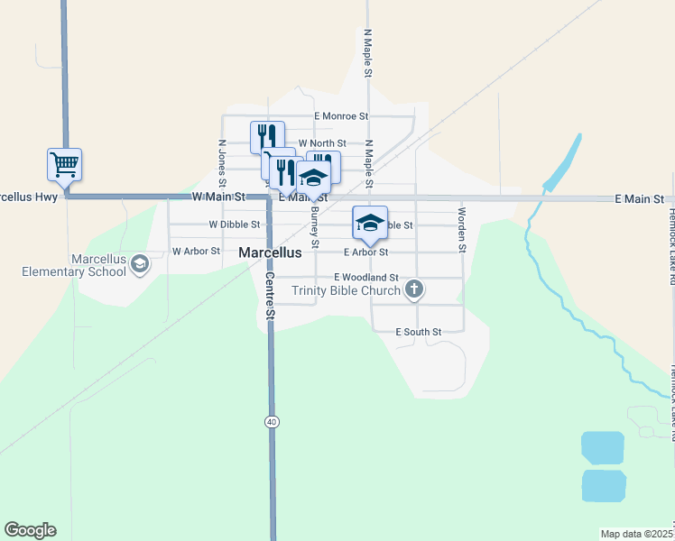 map of restaurants, bars, coffee shops, grocery stores, and more near 245 East Woodland Street in Marcellus