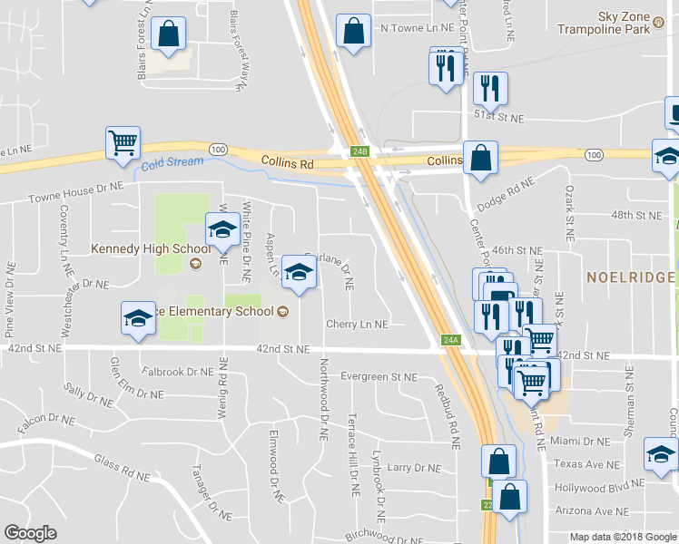 map of restaurants, bars, coffee shops, grocery stores, and more near 4501 Fairlane Drive Northeast in Cedar Rapids