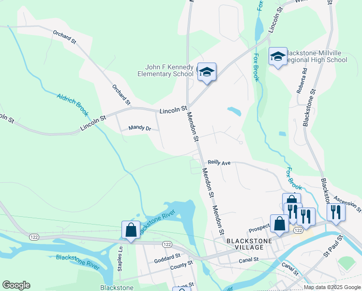 map of restaurants, bars, coffee shops, grocery stores, and more near 91 Mendon Street in Blackstone