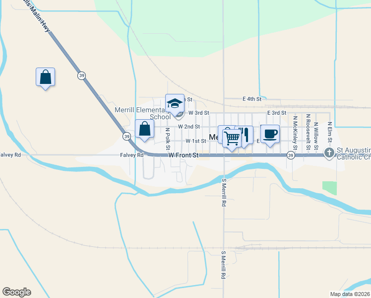 map of restaurants, bars, coffee shops, grocery stores, and more near 111 North Garfield Street in Merrill