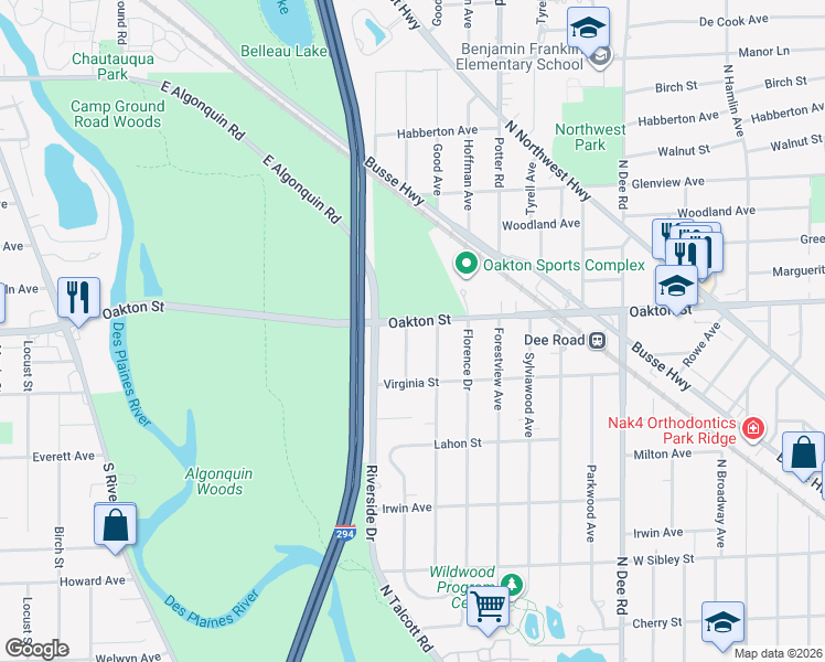 map of restaurants, bars, coffee shops, grocery stores, and more near 928 Wesley Drive in Park Ridge