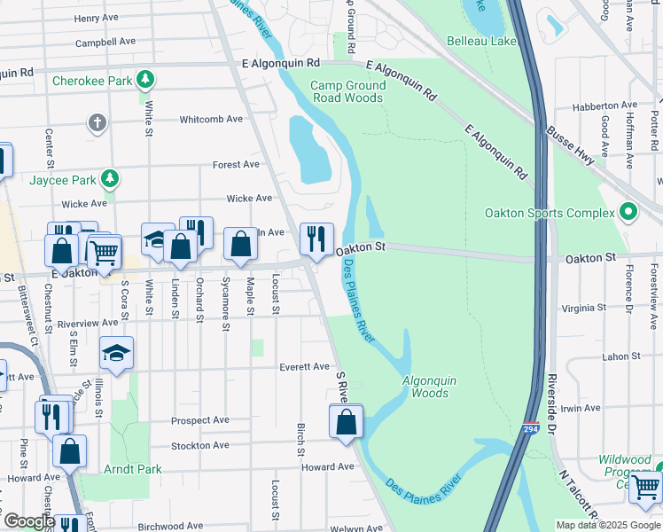 map of restaurants, bars, coffee shops, grocery stores, and more near 1645 South River Road in Des Plaines