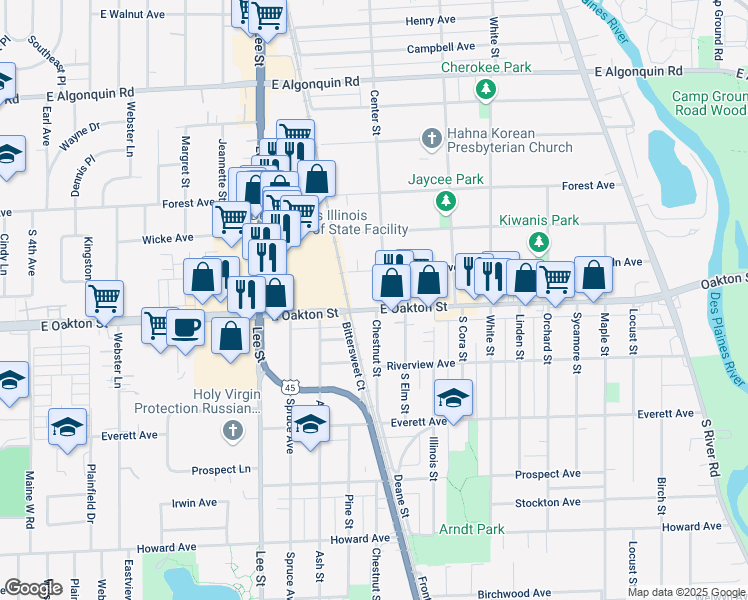 map of restaurants, bars, coffee shops, grocery stores, and more near 1392 East Oakton Street in Des Plaines