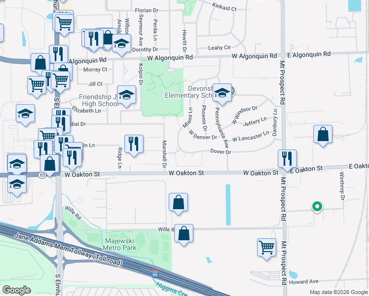 map of restaurants, bars, coffee shops, grocery stores, and more near 390 Dover Lane in Des Plaines