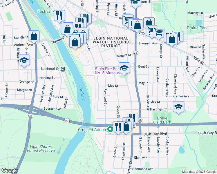 map of restaurants, bars, coffee shops, grocery stores, and more near 615 Raymond Street in Elgin