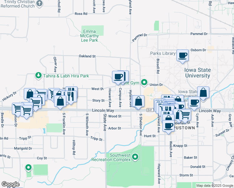 map of restaurants, bars, coffee shops, grocery stores, and more near 135 Campus Avenue in Ames