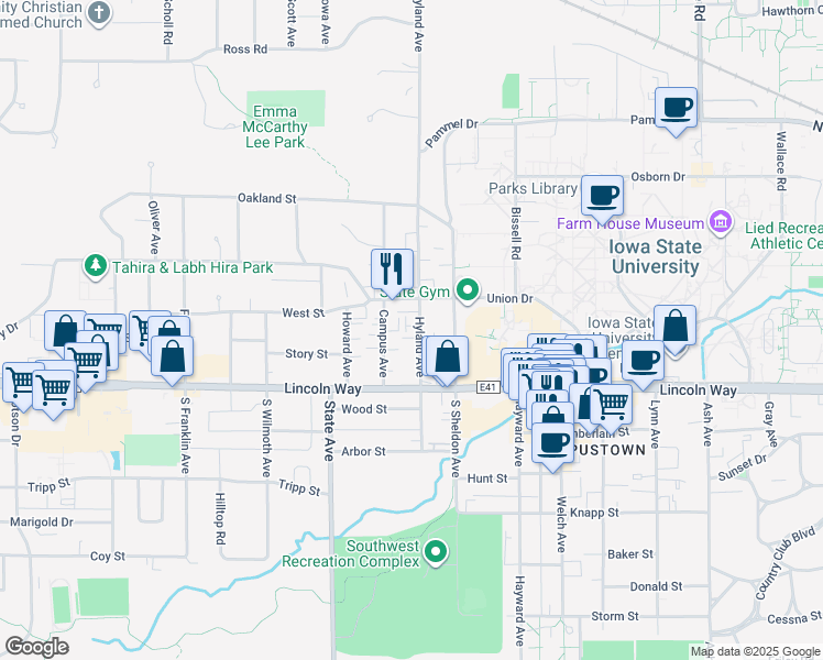 map of restaurants, bars, coffee shops, grocery stores, and more near 145 North Hyland Avenue in Ames