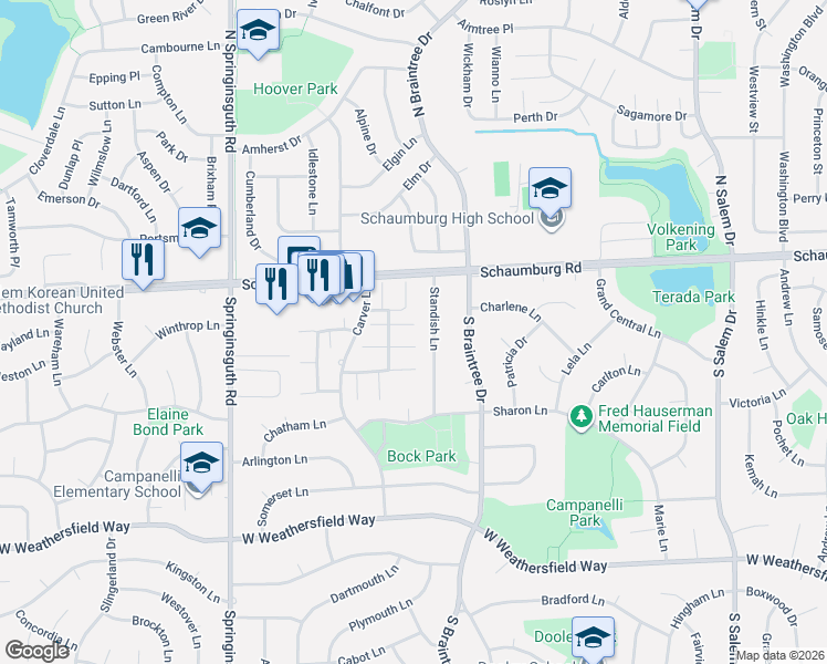 map of restaurants, bars, coffee shops, grocery stores, and more near 1303 Yarmouth Court in Schaumburg