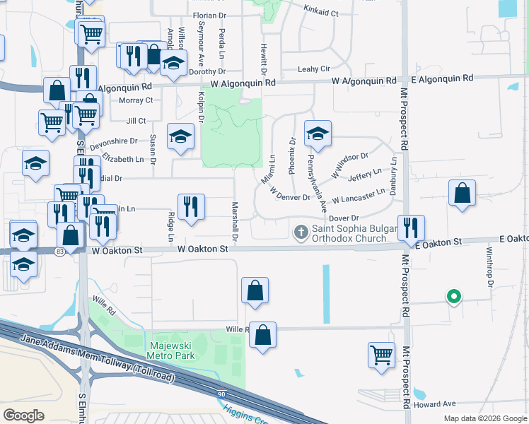 map of restaurants, bars, coffee shops, grocery stores, and more near 390 Dover Lane in Des Plaines