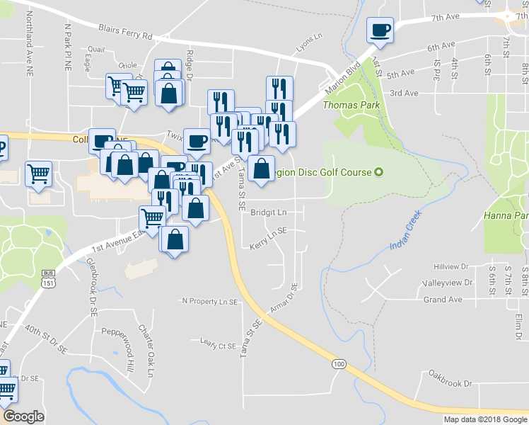 map of restaurants, bars, coffee shops, grocery stores, and more near 4598 Maureen Drive Southeast in Cedar Rapids