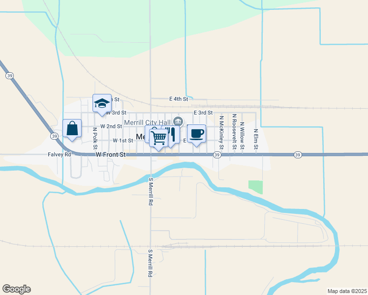 map of restaurants, bars, coffee shops, grocery stores, and more near 308 East Front Street in Malin