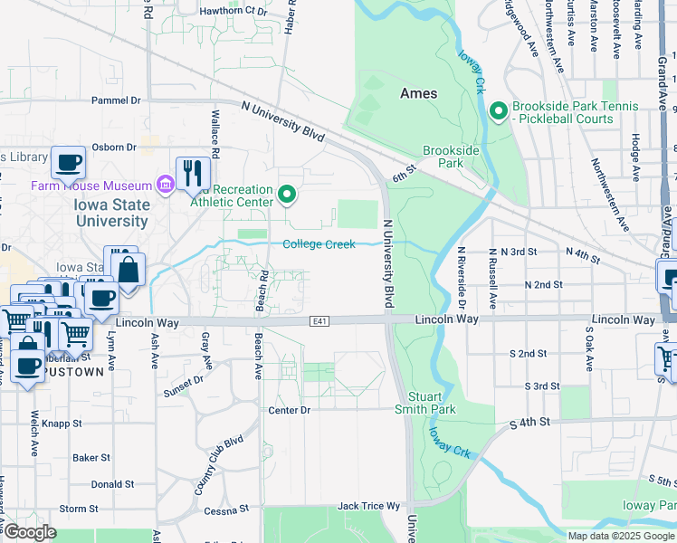map of restaurants, bars, coffee shops, grocery stores, and more near in Ames