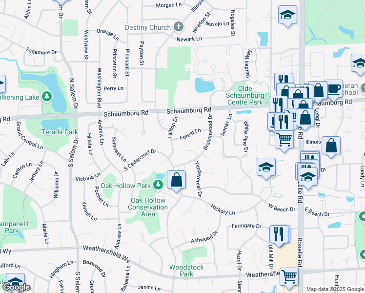 map of restaurants, bars, coffee shops, grocery stores, and more near 411 Balsam Court in Schaumburg