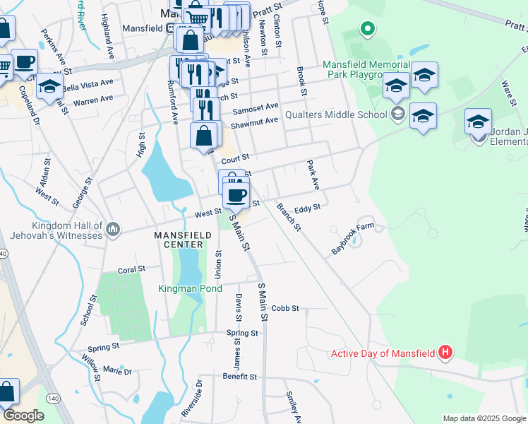 map of restaurants, bars, coffee shops, grocery stores, and more near 33 Webb Place in Mansfield