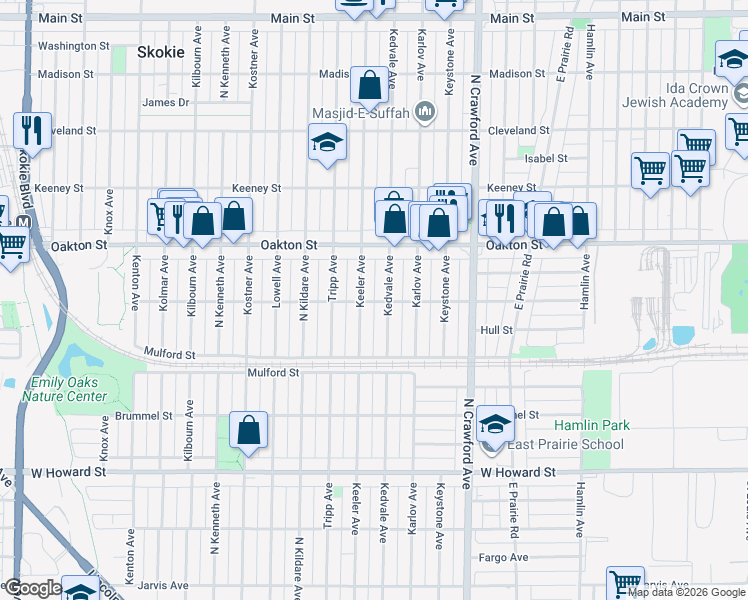 map of restaurants, bars, coffee shops, grocery stores, and more near 7848 Kedvale Avenue in Skokie