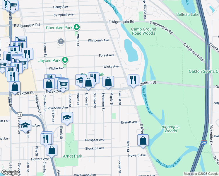 map of restaurants, bars, coffee shops, grocery stores, and more near 1759 East Oakton Street in Des Plaines