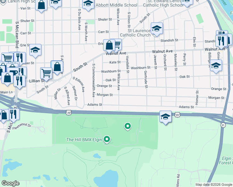 map of restaurants, bars, coffee shops, grocery stores, and more near 507 Wilcox Avenue in Elgin