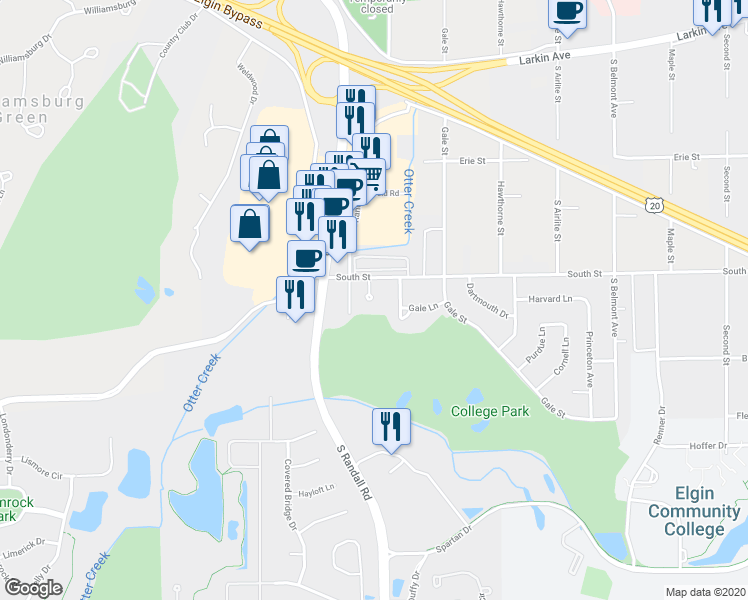 map of restaurants, bars, coffee shops, grocery stores, and more near 2367 Gale Lane in Elgin