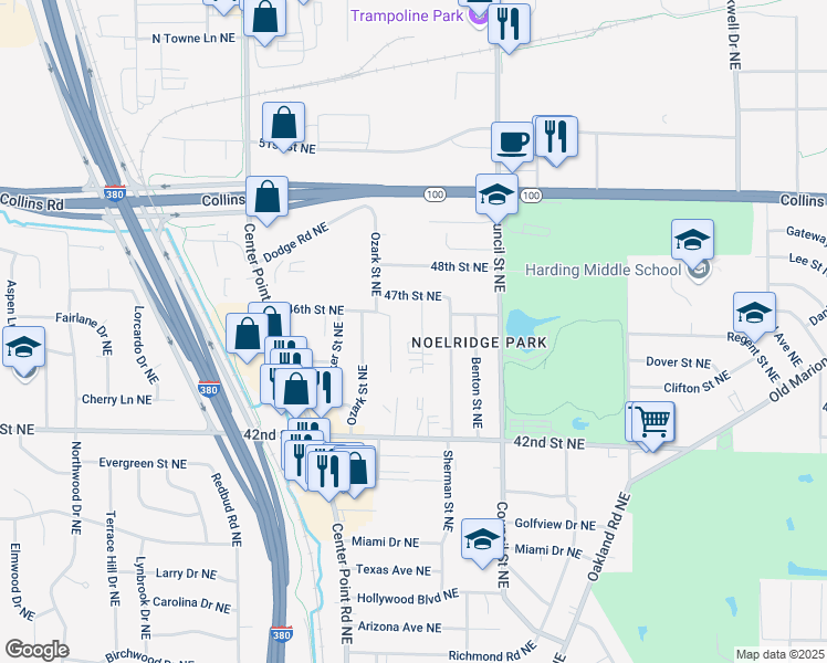 map of restaurants, bars, coffee shops, grocery stores, and more near 4508 Navajo Drive Northeast in Cedar Rapids