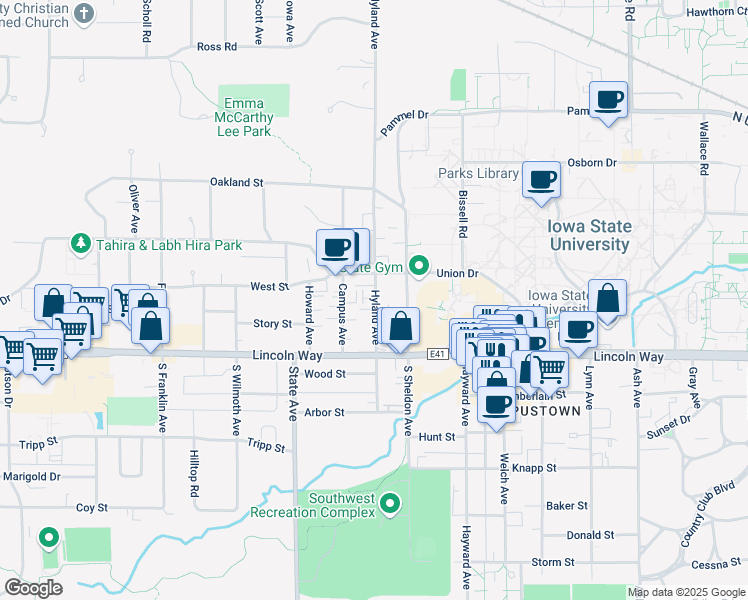 map of restaurants, bars, coffee shops, grocery stores, and more near 134 North Hyland Avenue in Ames
