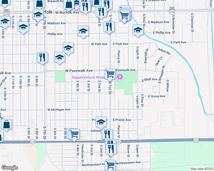 map of restaurants, bars, coffee shops, grocery stores, and more near 801-899 S 1st St in Norfolk