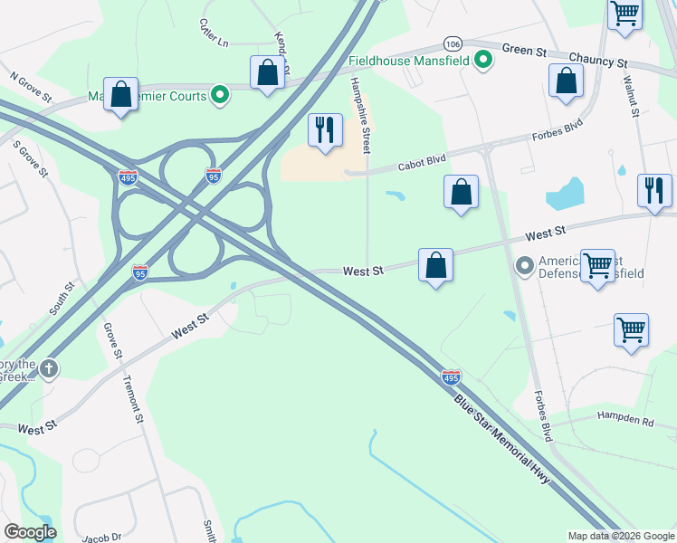 map of restaurants, bars, coffee shops, grocery stores, and more near 600 West Street in Mansfield