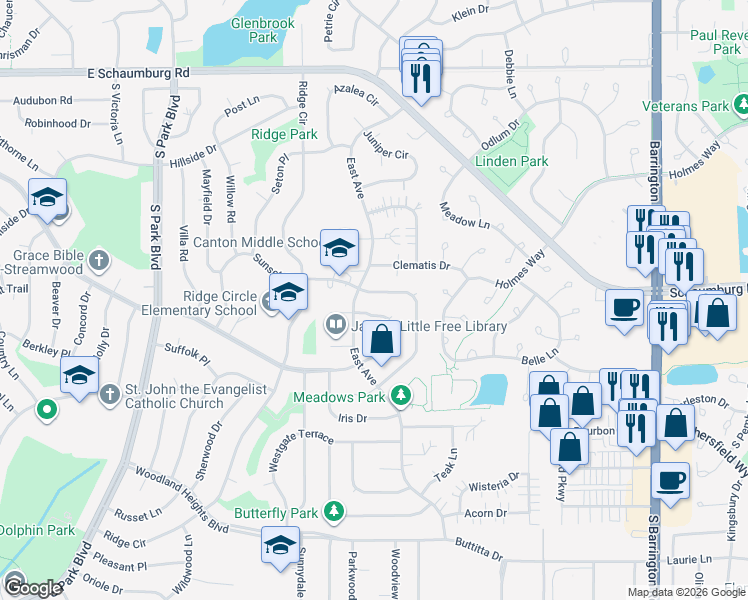 map of restaurants, bars, coffee shops, grocery stores, and more near 108 Filbert Drive in Streamwood