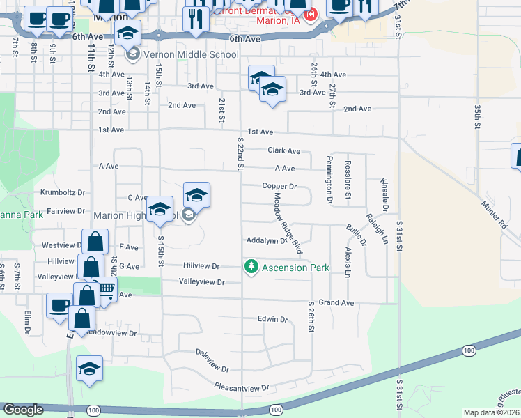 map of restaurants, bars, coffee shops, grocery stores, and more near 2340 Bullis Drive in Marion