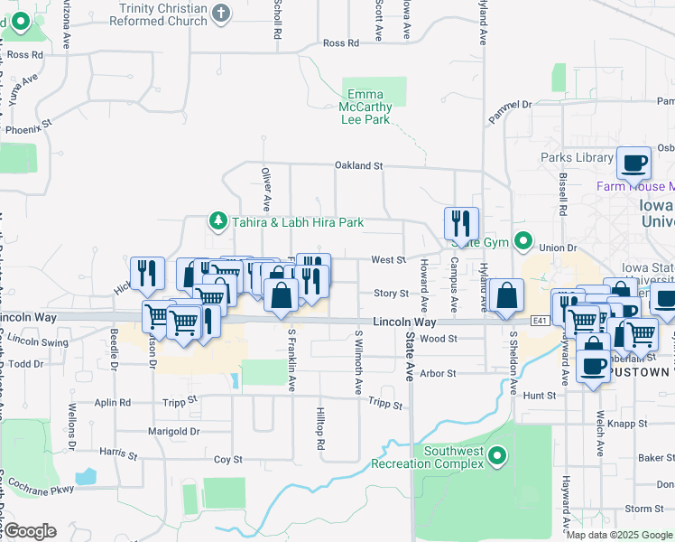 map of restaurants, bars, coffee shops, grocery stores, and more near 3319 Story Street in Ames