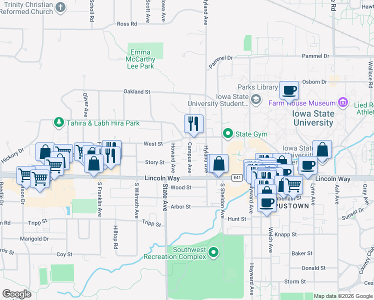 map of restaurants, bars, coffee shops, grocery stores, and more near 135 Campus Avenue in Ames