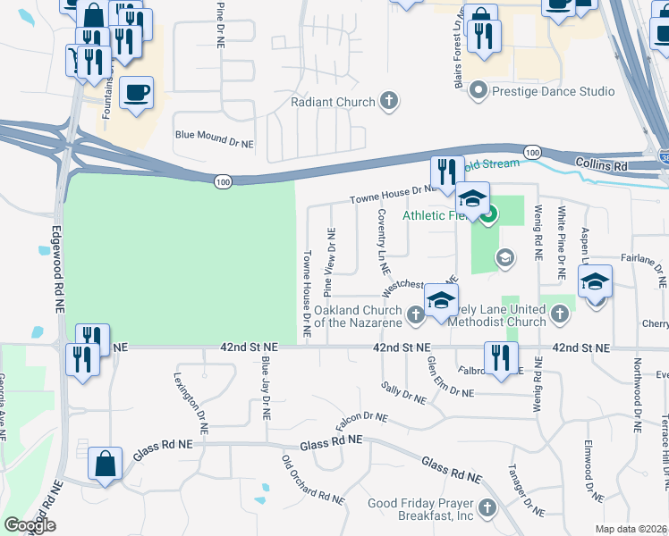 map of restaurants, bars, coffee shops, grocery stores, and more near 4501 Sugar Pine Drive Northeast in Cedar Rapids