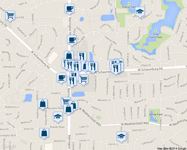 map of restaurants, bars, coffee shops, grocery stores, and more near 2415 West Schaumburg Road in Schaumburg