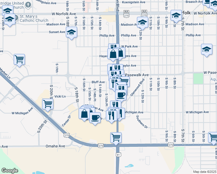 map of restaurants, bars, coffee shops, grocery stores, and more near 901-999 South 13th Place in Norfolk