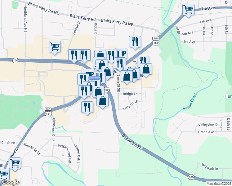 map of restaurants, bars, coffee shops, grocery stores, and more near 4610 Tama Street Southeast in Cedar Rapids