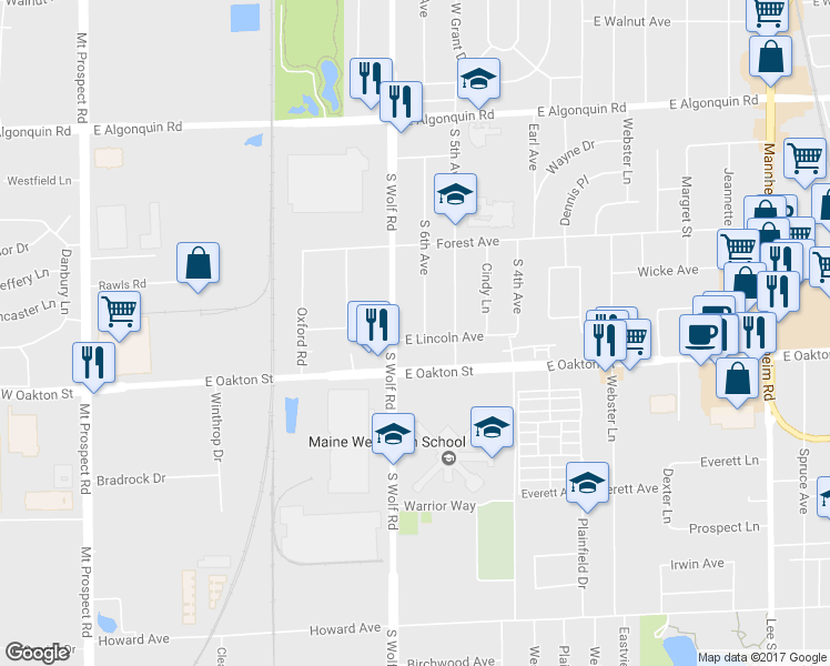 map of restaurants, bars, coffee shops, grocery stores, and more near 665 East Lincoln Avenue in Des Plaines