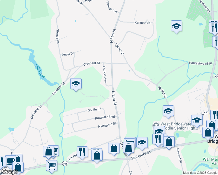map of restaurants, bars, coffee shops, grocery stores, and more near 175 North Elm Street in West Bridgewater