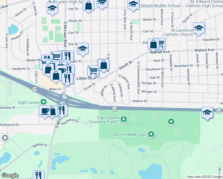 map of restaurants, bars, coffee shops, grocery stores, and more near 504 South Alfred Avenue in Elgin