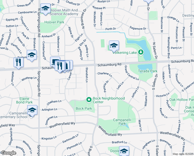 map of restaurants, bars, coffee shops, grocery stores, and more near 33 South Braintree Drive in Schaumburg