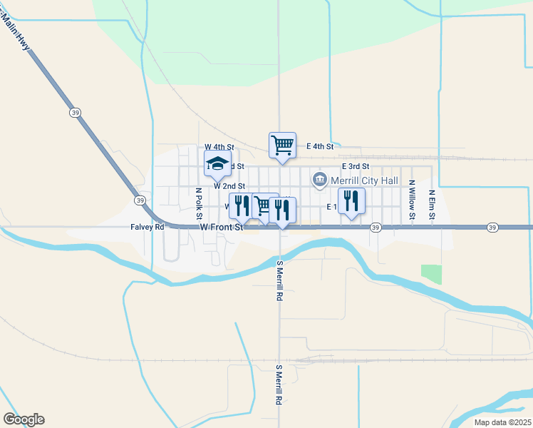 map of restaurants, bars, coffee shops, grocery stores, and more near 137 West Front Street in Merrill