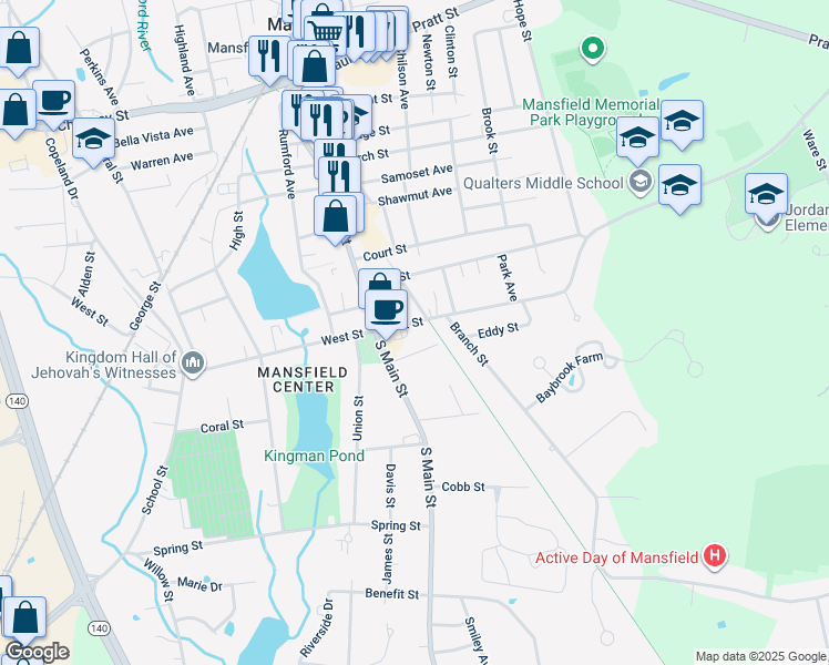 map of restaurants, bars, coffee shops, grocery stores, and more near 18-24 South Main Street in Mansfield