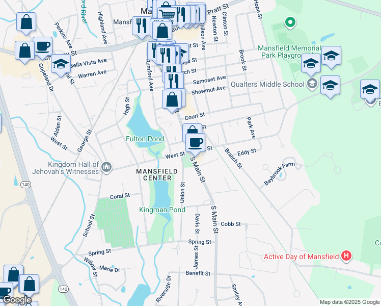 map of restaurants, bars, coffee shops, grocery stores, and more near in Mansfield