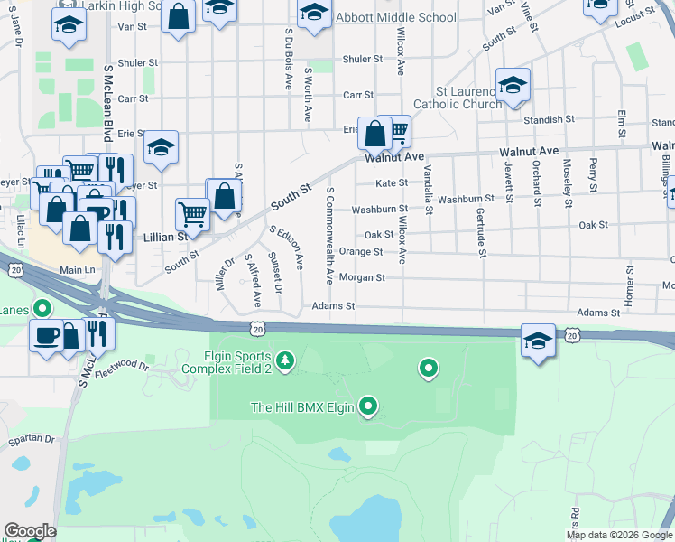 map of restaurants, bars, coffee shops, grocery stores, and more near 514 Marguerite Street in Elgin