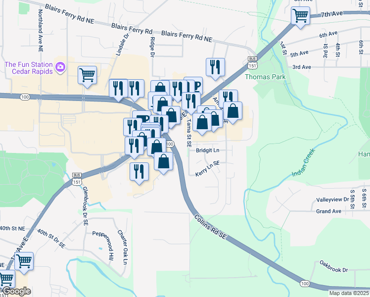 map of restaurants, bars, coffee shops, grocery stores, and more near 4610 Tama Street Southeast in Cedar Rapids