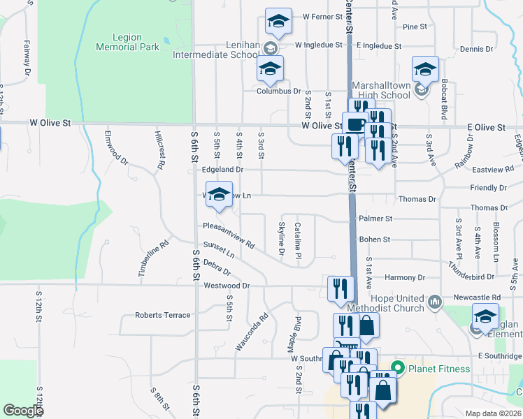 map of restaurants, bars, coffee shops, grocery stores, and more near 303 Bryngelson Drive in Marshalltown