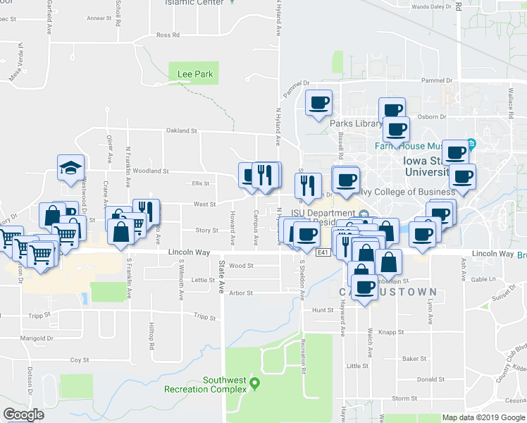 map of restaurants, bars, coffee shops, grocery stores, and more near 135 Campus Avenue in Ames